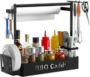 ZDDLOINP Grill Caddy, BBQ Caddy with Paper Towel Holder for Plate Cutlery, Flatware Caddy Picnic Condiment Caddy with 4 Hooks, Grill Utensil Caddy for Outdoor Barbecue Accessories Organizer