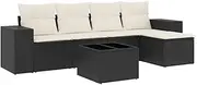 vidaxl Garden Sofa Set 6 Piece - Black Poly Rattan with Cushions - Patio/Deck/Backyard Outdoor Furniture - Modular Design with Storage - Tempered Glass Table top - Removable, Washable Cushion Covers