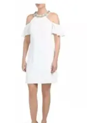 New Aidan Mattox Cold Shoulder Embellished Mini Dress White Size 2