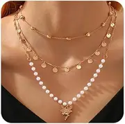 [Missgrace] Layered Choker Necklaces Dainty Layering Chain Necklace Simple Adjustable Initial Coin Cross Pendant Necklaces Star Moon Necklaces for Women