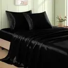 4Pcs Black Satin Sheets Queen Size Bed Set, 15 Inch Deep Pocket Silky Satin Shee