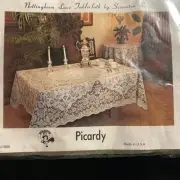 Vtg NOS White Nottingham Lace Tablecloth By Scranton Lace, Oval 70” X 108”