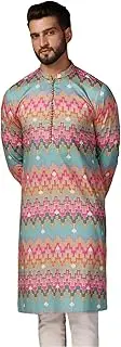 KISAH Mens Kurta, Multi Cotton Blend, Woven Design Regular Fit Mandarin Collar Long Sleeves