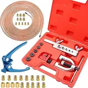 Tnisesm 3/16 Copper Coated Brake Line Kit 25 ft + Blue Tube Bender+ Copper Aluminum Brake Line Double & Single Flaring Tool Kit,Consisting of 4 Unions Brake Line Fittings and 16 Fittings