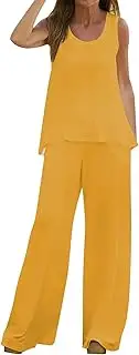 [Generic] Formal Suit Women 2 Piece Outfits Boho Casual Solid Color Vest Sleeveless Top Loose Wide Leg Pants Trousers Two Piece Set Suit Plus Size Jumpsuits for Women
