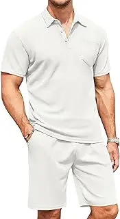 [Generic] Men's Waffle Knit Polo Shirt and Shorts Set 2 Pieces Outfits Summer