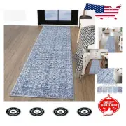 Vintage Blue Washable Runner Rug 7'x2' with Non-Slip, Distressed Floral Design