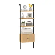 Costway Bookshelf 5-Tier Wall Mount Ladder Bookcase w/Cabinet & Metal Frame Display Rack Natural