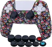 YoRHa Water Transfer Printing Silicone Thickened Cover Skin Case for PS5 Controller x 1(Madeup Skulls II) with Thumb Grips x 10