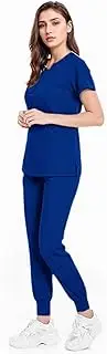 [Meichoon] Scrubs Set Split Crew Neck Top with 4 Pockets Stretch Fit Jogging Pants Medical Uniform Dental Grooming Pet DK07