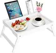 Bed Tray Table with Foldable Legs, Bamboo Breakfast Food Tray with Media Slot, Use as Plate, Laptop Desk, Snack, TV Tray, Kitchen Serving Tray (White, Large)