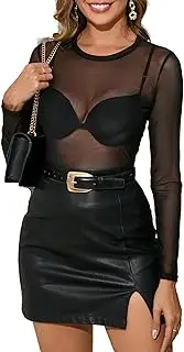 [Dosieyeo] Women's Mesh Top Sexy Elegant Lace Top Transparent Mesh Top Chic Stretchy Mesh Shirt for Party Clubwear, Pure Black, X-Large