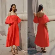 NWT AJE Eugenie Off Shoulder Midi Dress in Scarlet Red Size 4 US