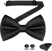 [YOUNIEYO] 3 Pcs Black Bow Tie Set for Men - Pre-Tied Adjustable Clip On Bow Ties for Men with Pocket Square Elegant Black Bow Ties for Formal Events, NO, NO