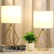 Small Gold Table Lamp Set of 2, Bedside Nightstand Lamps with White Fabric Sh...