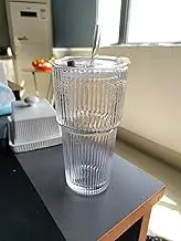 Ursword 20oz Ribbed Glass Cups with Lids and Straw,2PCS Glass Tumbler with Straw and Lid,Vintage Iced Coffee Cups Glassware for Whiskey Cocktail Beer
