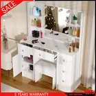 Large Dressing Table Makeup Vanity Set with LED 3 Color Lights Mirror and Stool