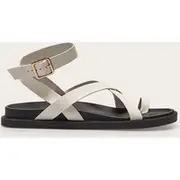 Cream Pu Round Toe Gold Toe Loop Strappy Footbed Sandals, Cream