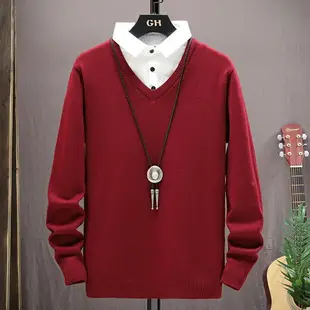 假兩件毛衣男韓版襯衣領針織衫秋冬季男士襯衫領打底衫兩件套線衣