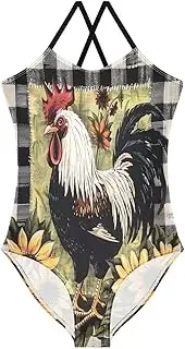 [RPLIFE] Rooster Sunflowers White Black Buffalo Plaid Girls One Piece Swimsuit, Beach Bathing Suit, Summer, Rooster Sunflowers White Black Buffalo Plaid 3, 7-8 Years