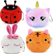 [ZCOINS] 4 Pack Stuffed Plush Animal Coin Purse Pouch with Keychain Bulk for Kids, Small Animal Zipper Coin Bag Wallet Pouch Include Unicorn Rabbit Tiger Ladybug for Party Loot Bag Fillers Return Gift