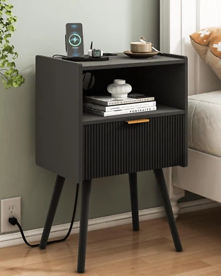 Black Nightstand with Outlet,Modern Bedside Table with Storage Drawer and Open W