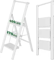 [YOUTHCLUB] 3 Step Ladder, 550 lbs Folding Step Stool with Handgrip, Foldable Steel Step Stool with Wide Anti-Slip Pedal, Portable Steel Ladder with Handle for Kitchen& Household, White