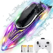 HEXSOLID RC Boat Remote Control Boat with LED Light for Kids and Adults Toys Gifts for Boys Girls 2.4GHZ RC Electric Boats with 2 Rechargeable Batteries