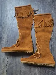 Minnetonka ~ Tall Fringe Boots Suede Leather 1922 Knee High Moccasin Brown sz 7