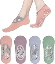 [Fiohiros] 4 Pairs Pilates Socks with Grips For Women,Yoga Socks with Multiple Colors Non Slip Socks for Yoga, Pilates, Ballet, Daily Wear