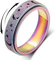 [Generic] Anxiety Ring for Women Men, Titanium Stainless Steel Spinner Ring Anxiety Ring-Moon Star, Sandblasted Finished, Hollow Outer