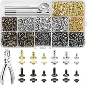 480 Sets Rivets for Leather, Leather Rivet Kit, 4 Colors 3 Sizes Leather Rivets and Snaps for Leather Crafts, Clothes, Shoes, Leather Boots, Bags, Decoration (Gold, Silver, Bronze and Gunmetal)