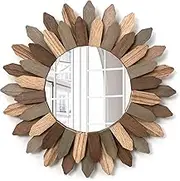 Generic Wall Mirror 12 inch Rustic Wood Sunburst Boho Mirror Farmhouse Wall Decor Room Decor Home Decor for Bedroom Living Room Entryway (Tri-Color)
