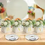 Set of 4 Gold Flower Boxes Baby Shower Decor Bronzing Flower Block Holder with Baby Letters Table Centerpieces for Gender Reveal Decoration Girls Boys Birthday Table Display Party Arrangement Favor