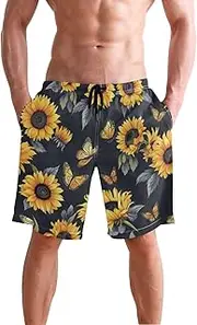 [XYMZR] Men's Swim Trunks Sunflower Butterfly Black Quick-Dry Bathing Suit Swimming Board Shorts S
