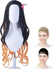 WIG5508 Cosplay Wig, Nezuko Kamado, Long, Black, Orange, White Merce Wig Net, Set of 2