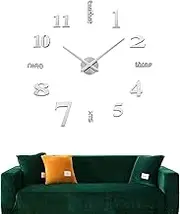 Circle-Q DIY Wall Clock, Large 3D Mirror Stickers Numbers Modern Silent Decorative Clock for Living Room, Bedroom, Home, Office, School (Silver)