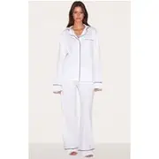 White Jersey Piping Detail Long PJ Set, White