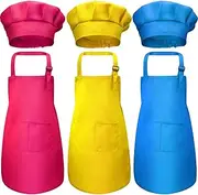 Chengu 6 Pieces Kids Chef Hat Apron Set, Boys Girls Adjustable Cotton Aprons Kitchen Bib Aprons with 2 Pockets for Kitchen Cooking Baking Wear Small Color 3