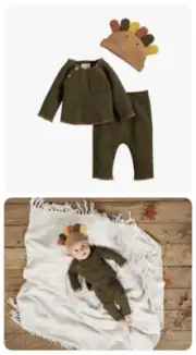 Mud Pie Thanksgiving 3 Pc Baby Set Waffle Weave Turkey Knit Hat Sz 0-3 Months