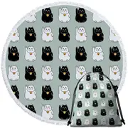 Black and White Lucky Cats Round Beach Towel