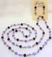 32" HAND KNOTTED PURPLE RAINBOW & MOON GLOW GLASS BEADED NECKLACE & EARRING SET