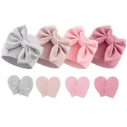 BQUBO Newborn Baby Hats Mittens Set 0-6 Months 4 Sets: Bow Hats & Mittens C