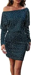 [Aosufei] Women's Sparkly Elastic Waist Midi Dress Long Sleeve One Shoulder Dress Casual Party Club Cocktail Dresses