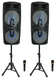 (2) Technical Pro Dual 8" Wireless Linking Rechargeable LED Speakers+Stands+Mics