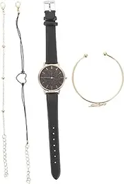 [Healeved] 1set Lady Watch and Bracelet Set Stylish Women Wrist Watch and Bangle Black Random White Dial for Occasion and Outfit