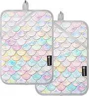 Large Pot Holder Heat Resistant Beautiful Mermaid Scales Pastel Peach Rainbow Potholder with Pockets Hotpads Oven Mitts 2 Pack