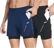 [Generic] 2-in-1 Men Running Shorts with Zipper Pockets Quick Dry Exercise Shorts for Training Gym Workout