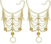 [Niaspi] 1 Pair Carved Coin Anklet Gold Tassel Barefoot Sangals Foot Chain for Women Bohemian Ethnic Gypsy Tribal Punk Layered Adjustable Ankle with Toe Ring Exaggerated Chunky Statement Jewelry, One Size