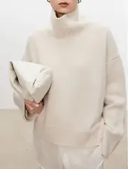 Turtleneck Pure Cashmere Sweater Female Loose And Thick Languid Lazy Wind Pullover Sweater Knitting Base Wool Sweater white M